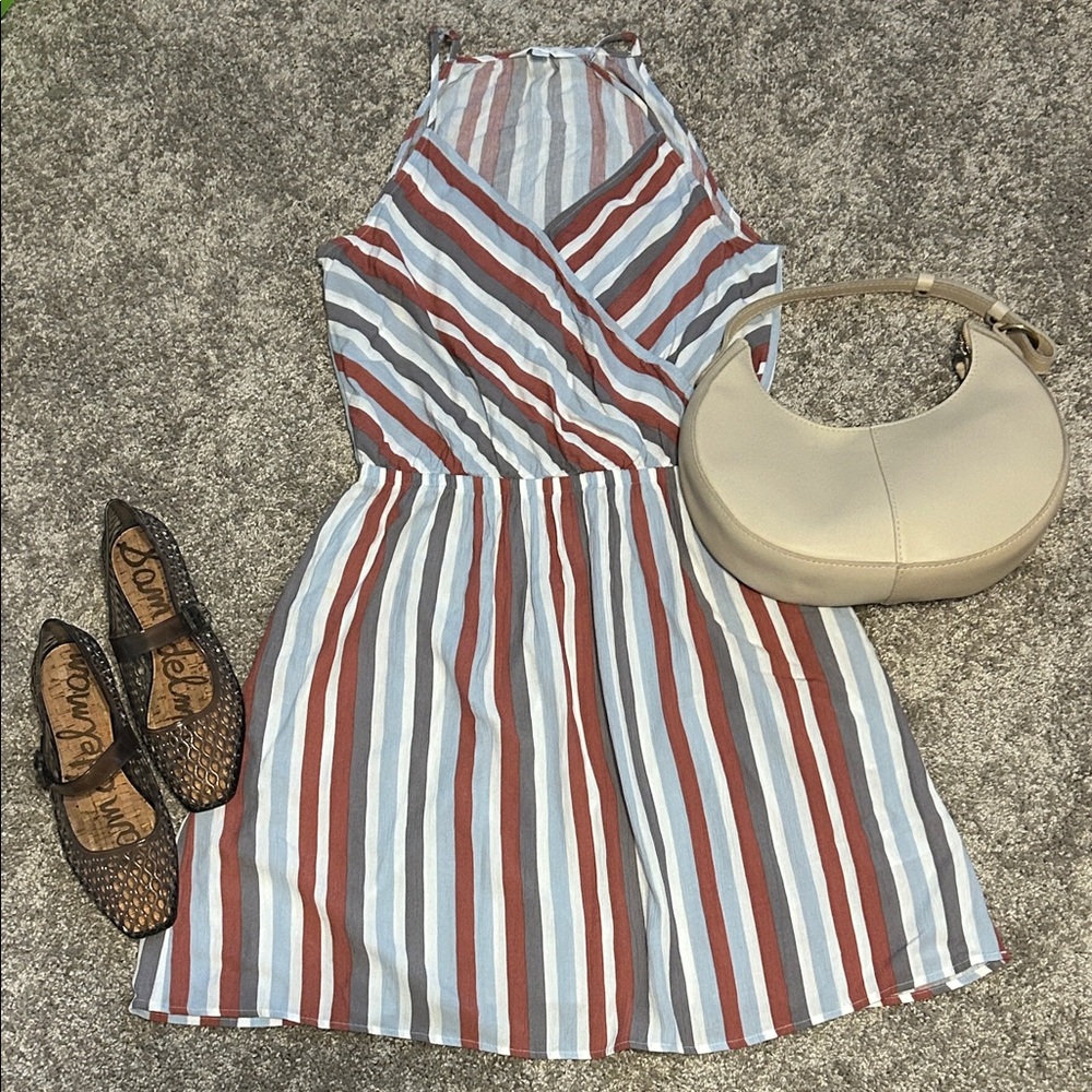 Multicolored Striped Halter Sundress with Pockets